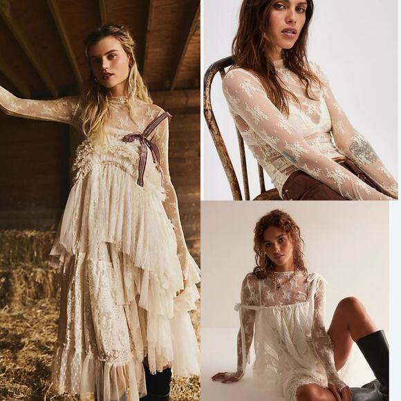 Free People Lady Lux Layering Lace Top Evening Creme Size XS Sheer fairy grunge - Picture 2 of 10